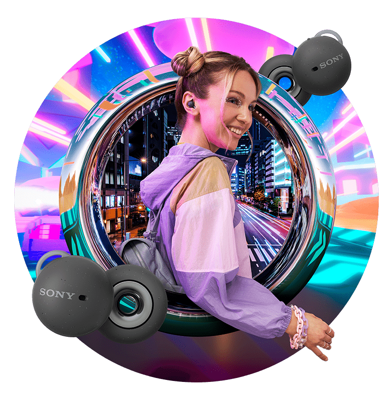 Artistic rendering of Gen Z girl wearing Sony’s LinkBuds headphones on city streets